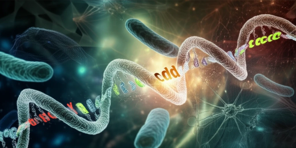 Surreal illustration of Mycobacterium tuberculosis with glowing DNA strand, representing cdd gene research.