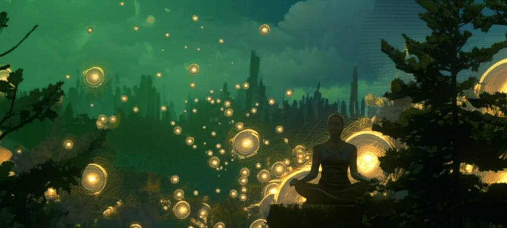 Person meditating in a forest, observing thoughts and emotions