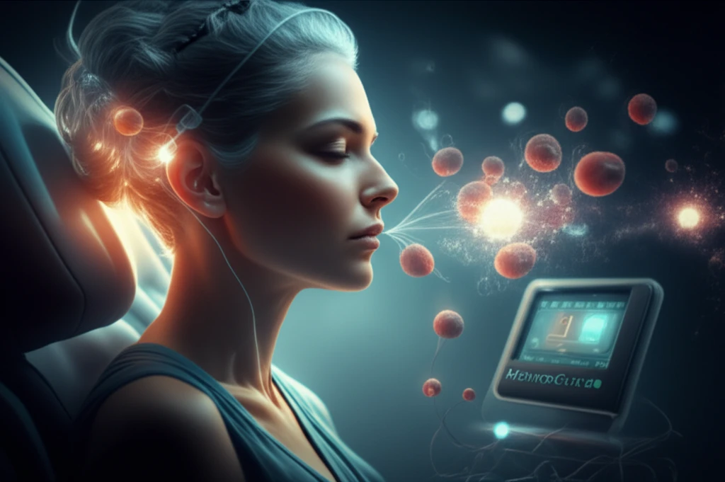 Futuristic medical setting with a person breathing freely, surrounded by eosinophil particles and a HemoCue device.