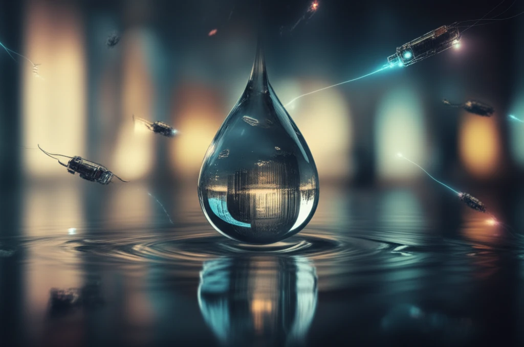 Microscopic robots cleaning polluted water with light beams, futuristic cityscape reflection.