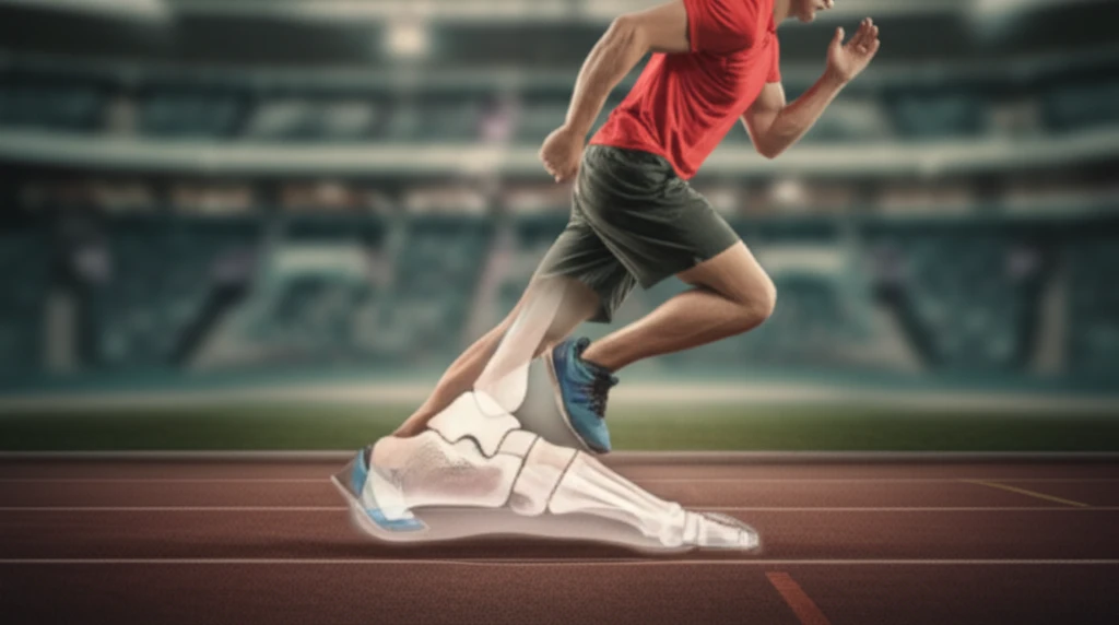 X-ray of foot transforming into a runner, symbolizing stress fracture recovery.