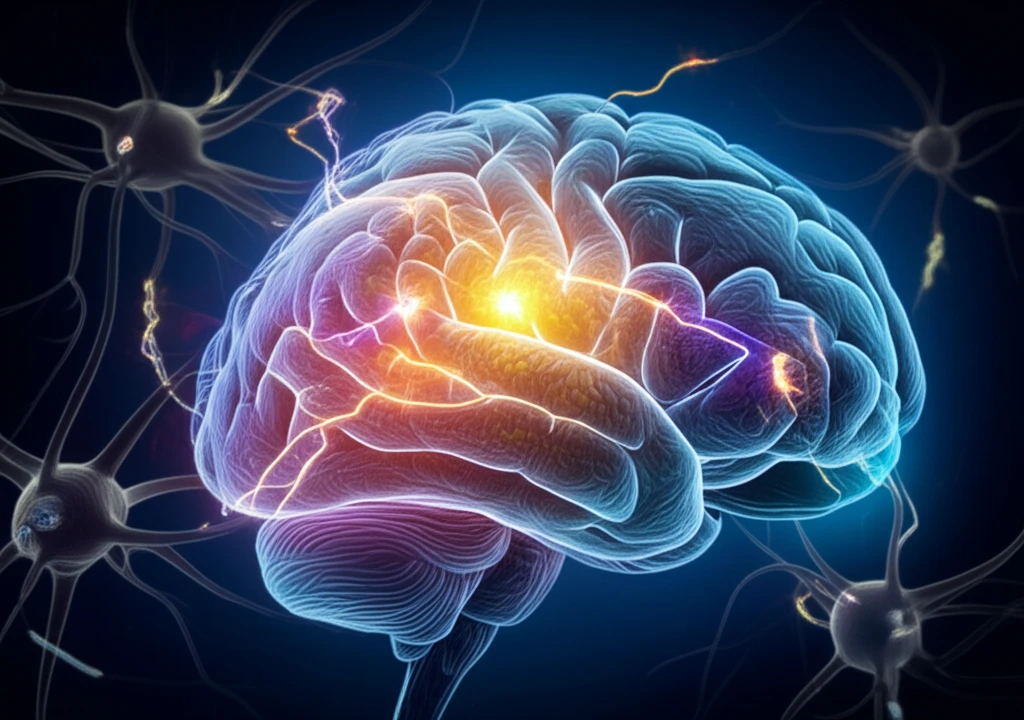Brain neurons firing with electrical pulses, representing deep brain stimulation.
