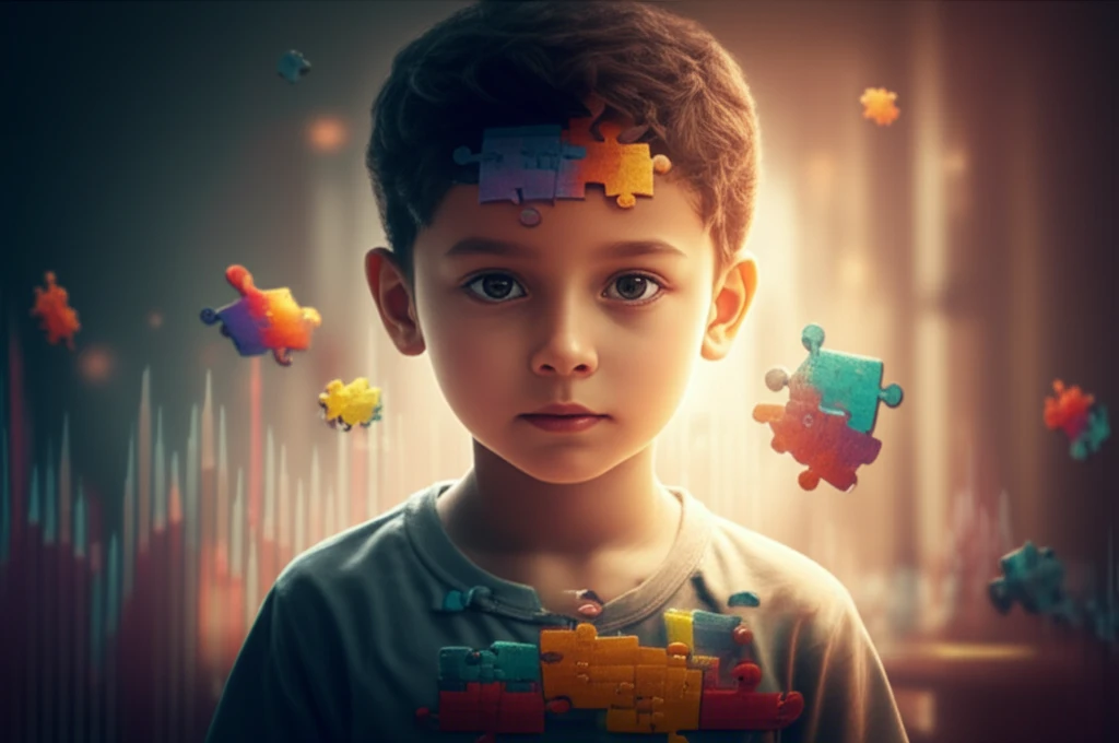 A child surrounded by puzzle pieces, symbolizing autism, with a financial chart in the background representing healthcare costs.