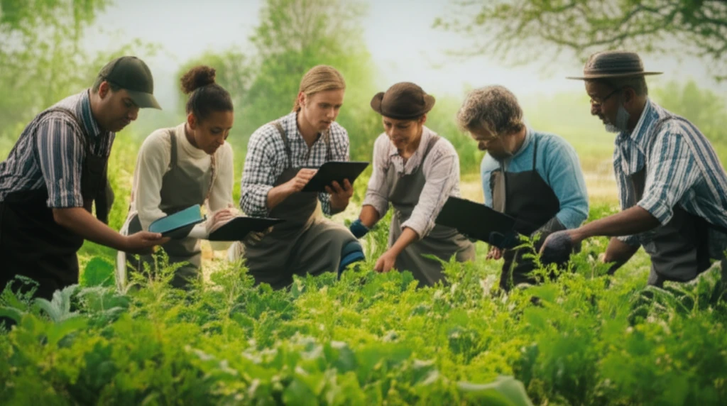 Diverse group of farmers collaboratively examining a lush, green organic field, symbolizing knowledge exchange and sustainable agriculture.