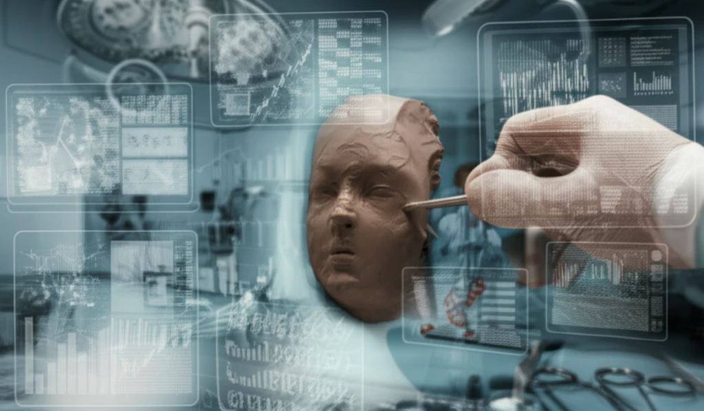Hand sculpting face with research data.