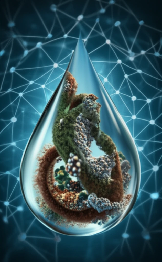 Surreal illustration of water droplet with humic substances, arsenic, and iron, set against a neural network backdrop.