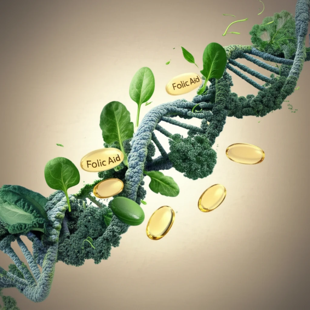 DNA strand with vegetables and folic acid representing personalized nutrition.