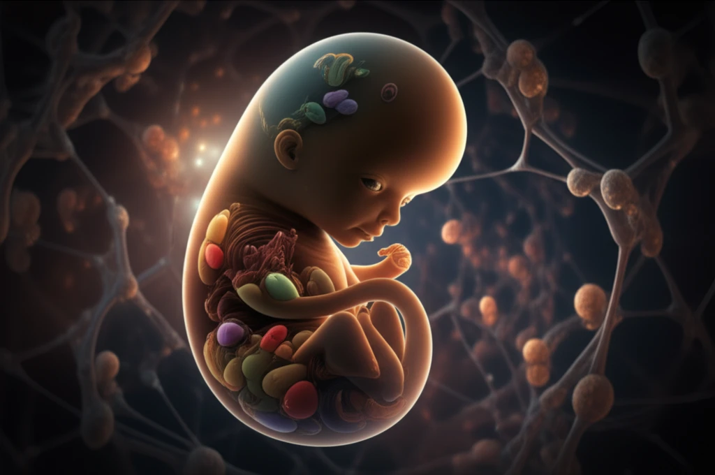 Surreal illustration of an elongating embryo showcasing dynamic tissue interactions.