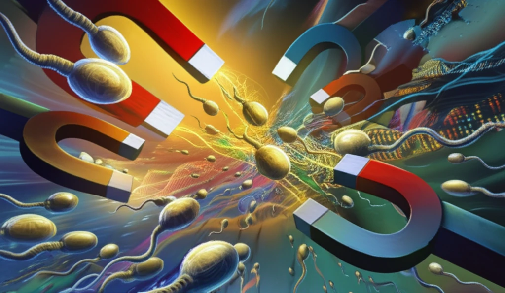 Illustration of rooster sperm with genetic data and magnets