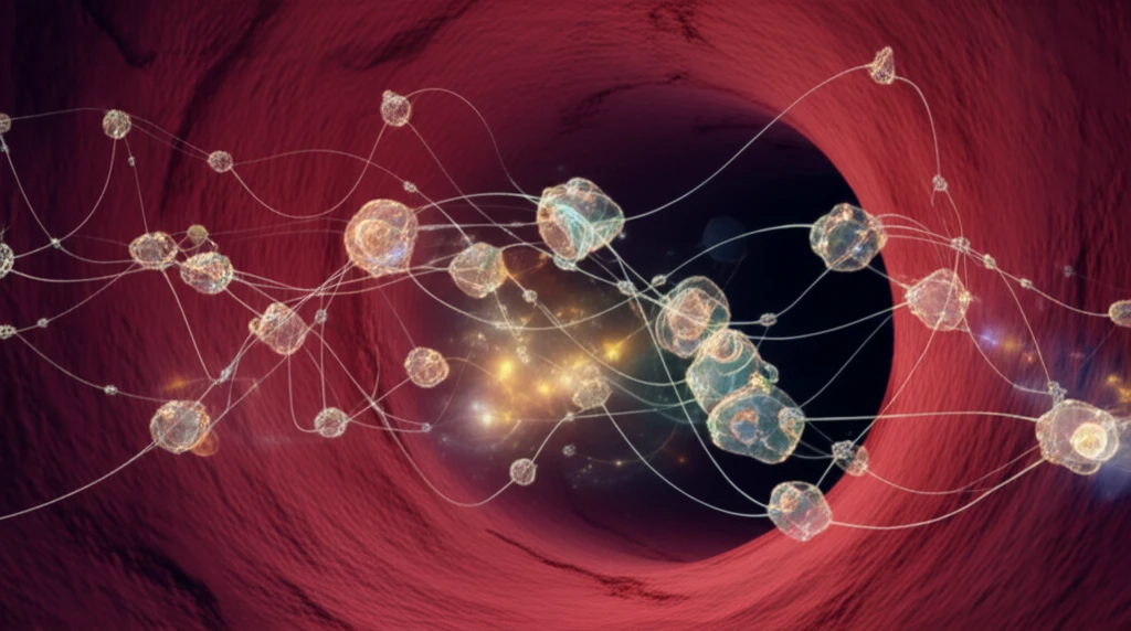 A network of glowing cells interconnected within a blood vessel