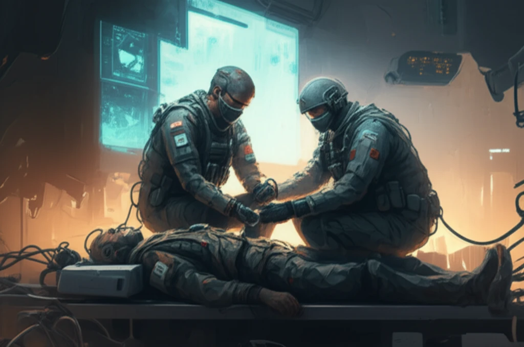 Futuristic military medic tending to a soldier on the battlefield with advanced technology.