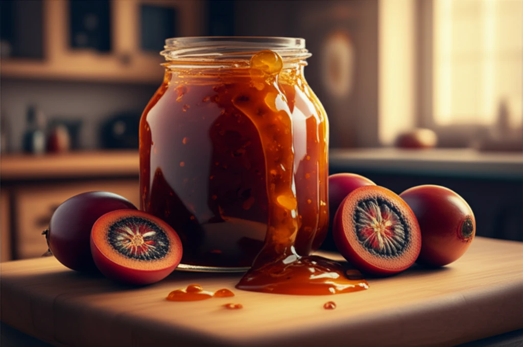 Homemade tamarillo jam with fresh tamarillo fruits.