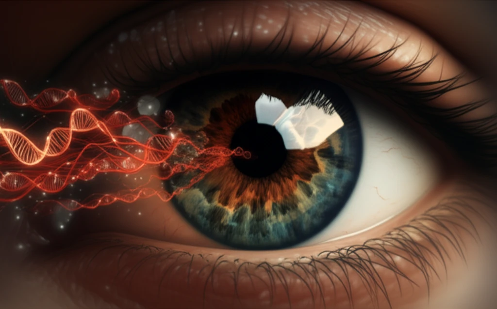 Surreal illustration of a human eye with glowing microRNA symbols, representing early detection of diabetic retinopathy.