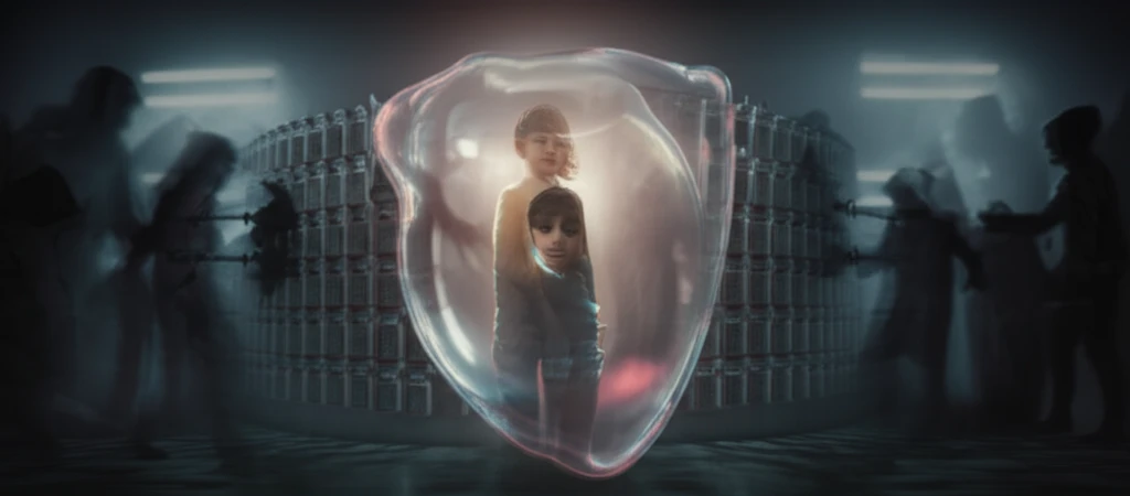 Protective bubble of vaccination safeguarding a child from misinformation and disease.