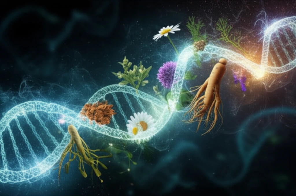 DNA strand with medicinal herbs, symbolizing precision in cancer treatment.