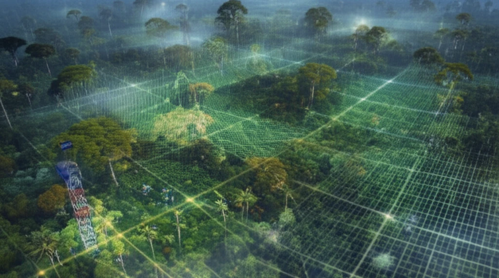 Satellite view of the Amazon rainforest overlaid with data grid showing radiation fluxes and micrometeorological towers.