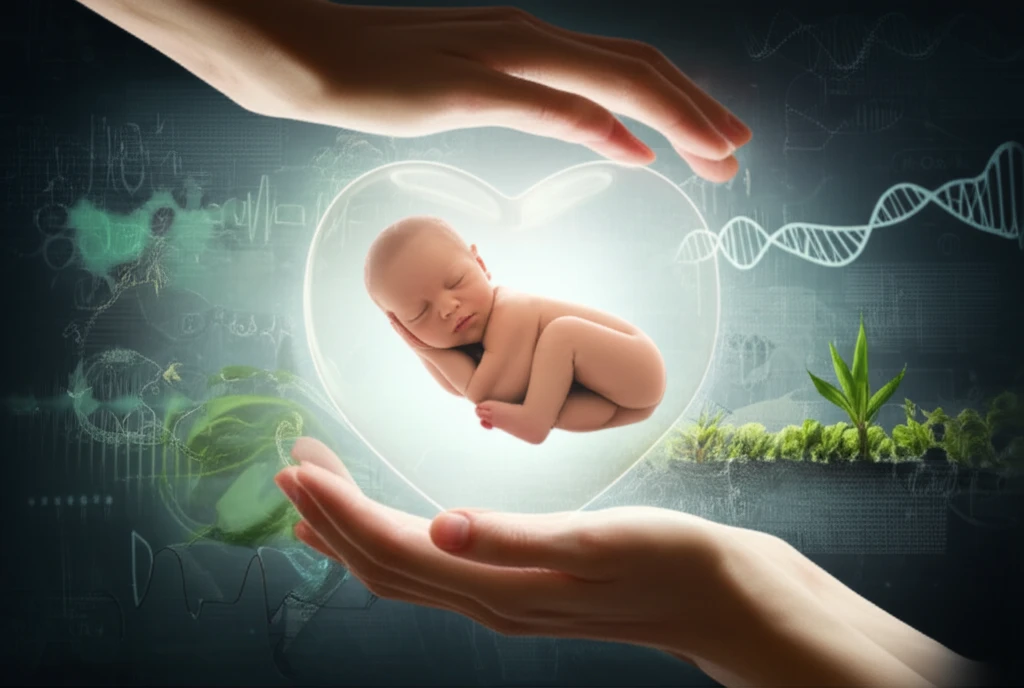 A newborn baby is protected by a heart-shaped shield, symbolizing the importance of fetal growth and care in congenital heart disease.