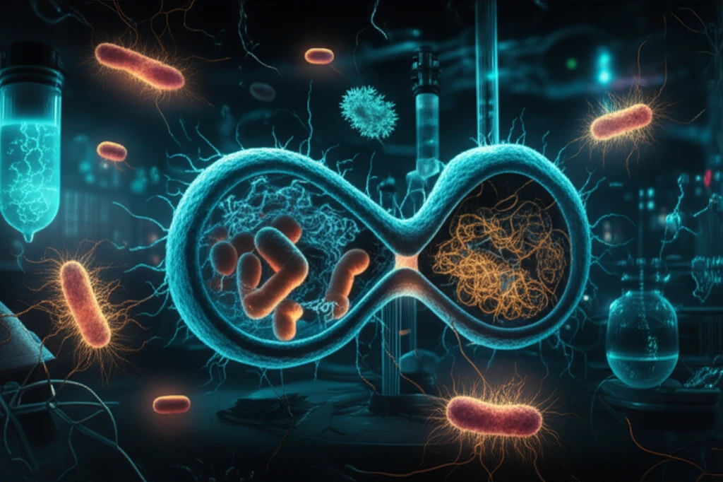 Illustration of bacteria dividing with glowing protein structures.