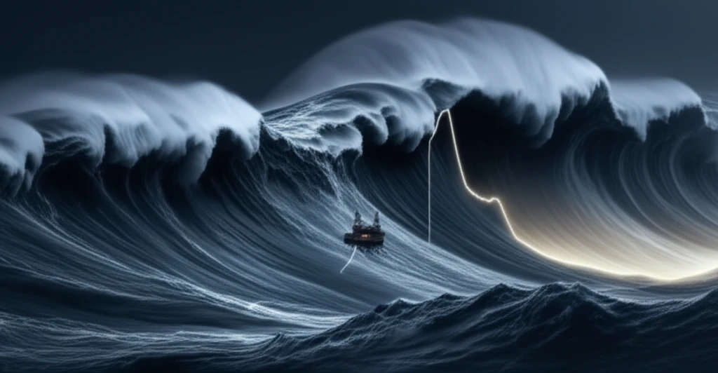 Stormy sea with offshore platform and statistical distribution curve.