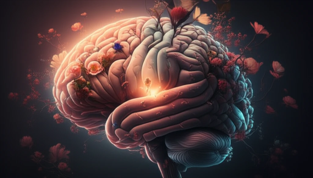 Brain intertwined with flowers, symbolizing mental wellness and growth.