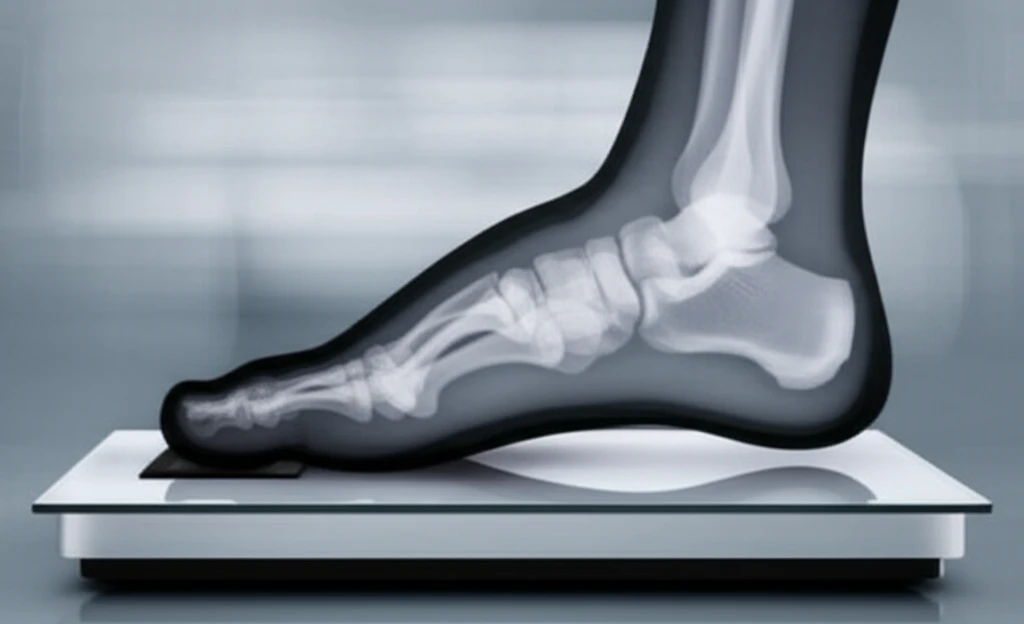 Foot transforming into an X-ray under increasing weight.