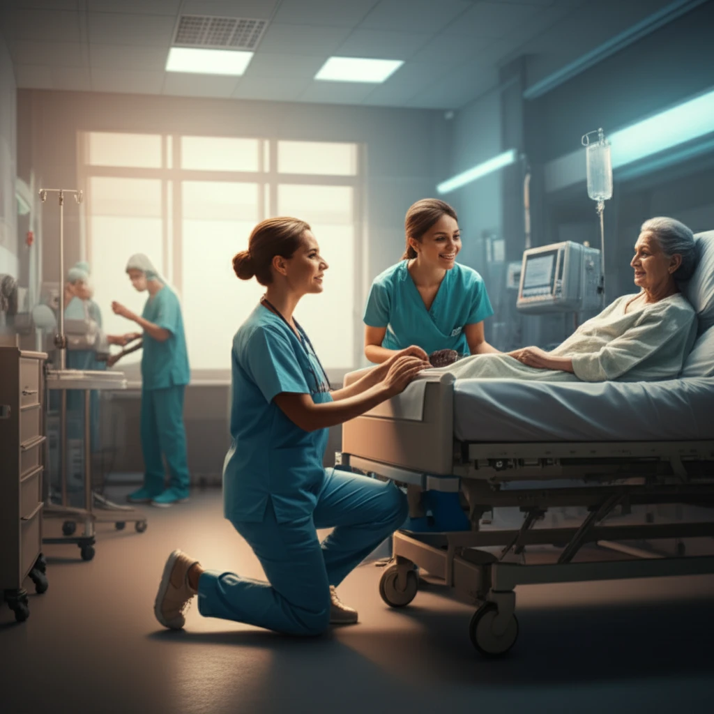 Nurse providing compassionate care to a patient and their family in a modern emergency room.