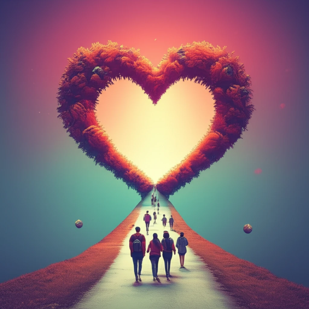 College students walking a path transforming into a healthy heart symbol representing cardiovascular health.