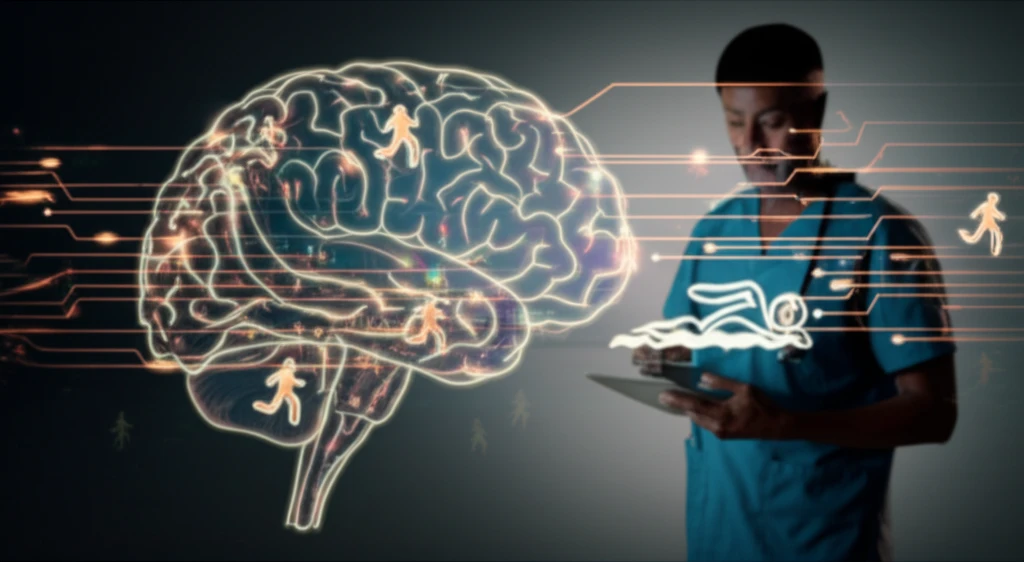 Brain pathways glowing with physical activity symbols representing neurorehabilitation.