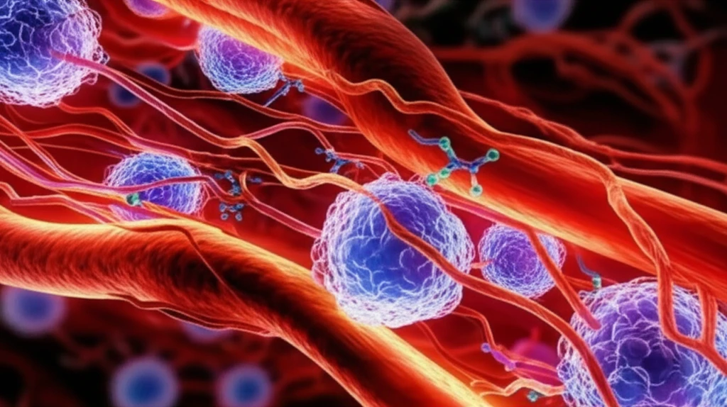 Microscopic view of cancer cells with bevacizumab molecules disrupting blood vessels.