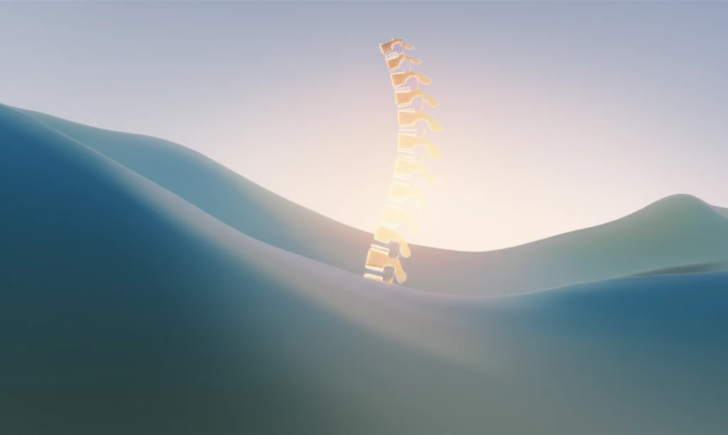 Serene landscape with a glowing spine symbolizing pain relief.