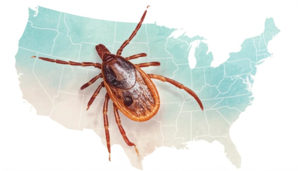 Lone star tick over a map of the US, symbolizing the spread of Ehrlichia ewingii.