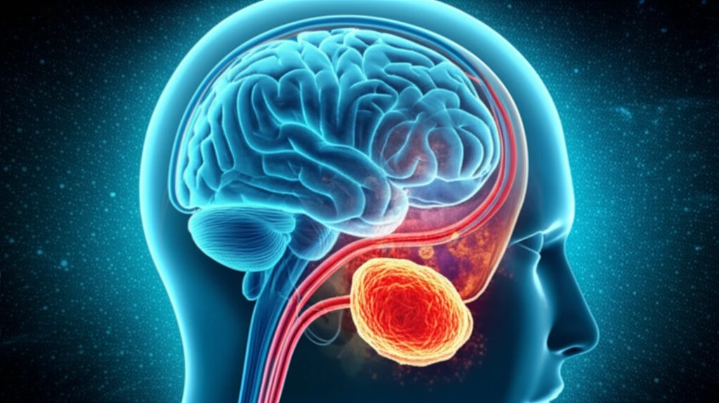 Surreal digital illustration of the brain-cancer connection, highlighting depression and NPY's role in prostate cancer growth.