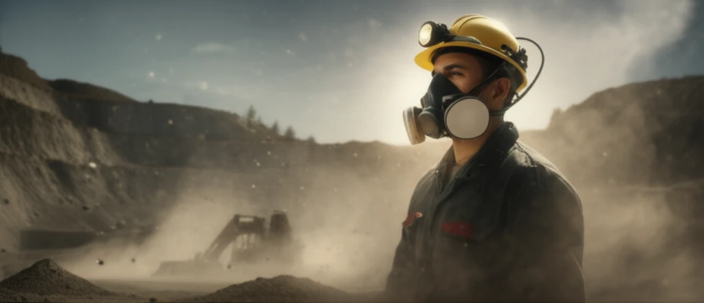 Quarry worker in a dusty environment wearing respiratory protection.