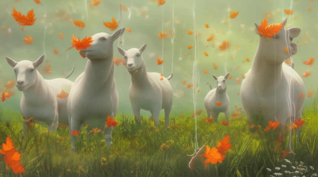 Dairy goats surrounded by floating orange leaves in a green field, symbolizing reduced methane emissions.