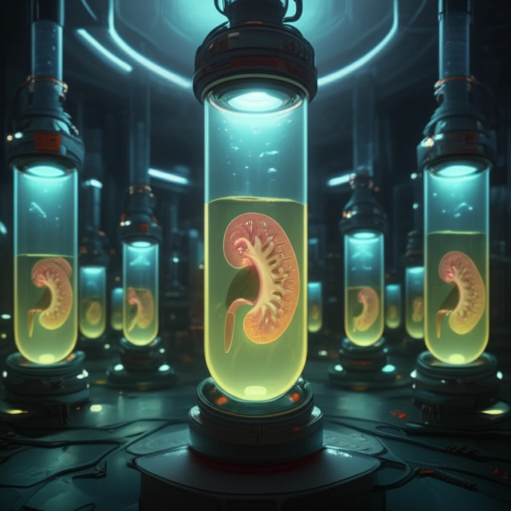 Futuristic lab illustration with glowing urine samples representing kidney and pancreas health.