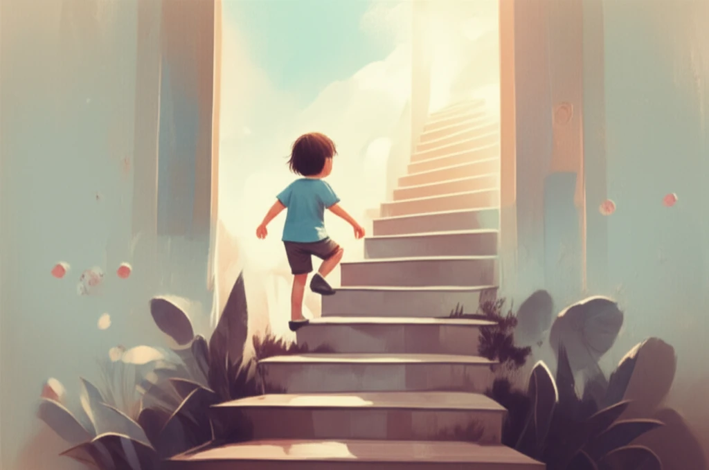 A child climbs a staircase representing stepped care for anxiety, leading to a bright future.