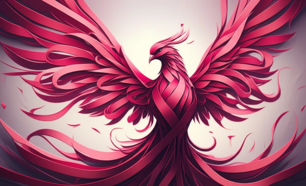 Phoenix rising from pink ribbons, symbolizing resilience after breast cancer.