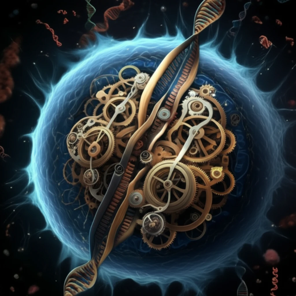 Microscopic cell division with clockwork gears representing ESCO2 timing.