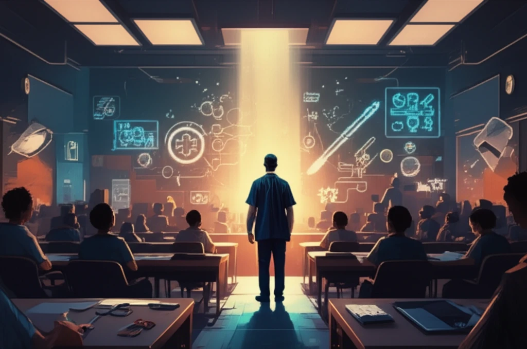 Surreal illustration of effective surgical education with a surgeon, students, and symbols of mentorship and knowledge.