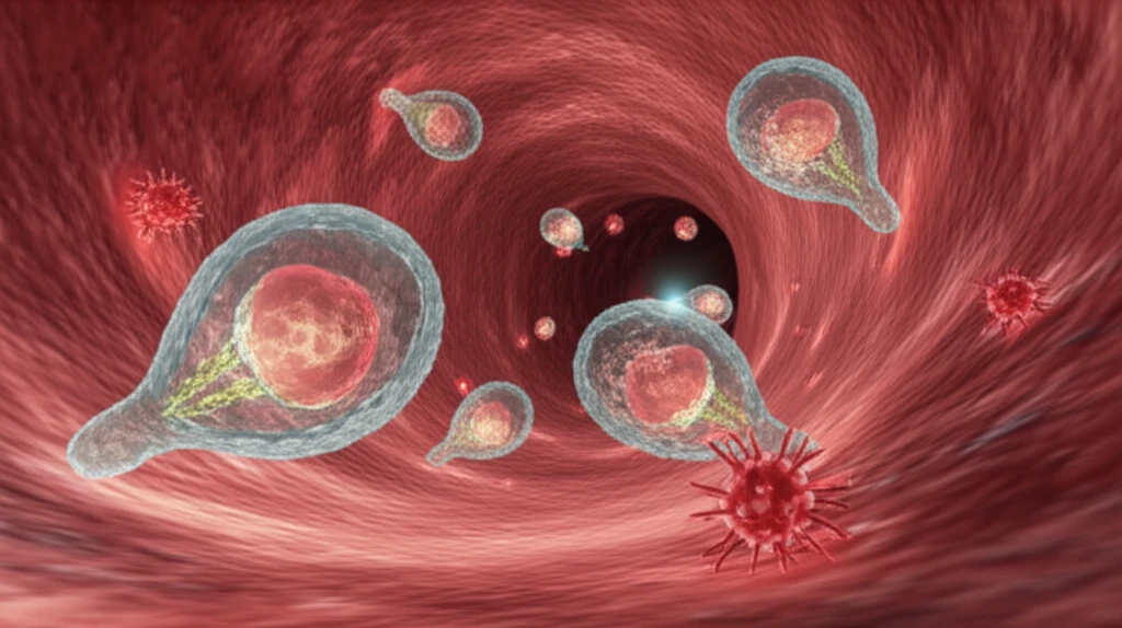 Microscopic liposomes targeting cancer cells in a futuristic bloodstream landscape