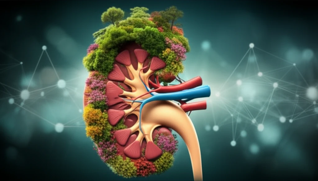 Thriving garden growing from a healthy kidney, symbolizing successful transplantation and the regulation of the complement system.