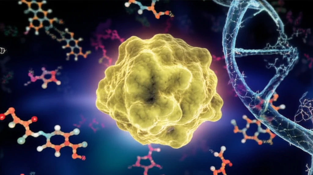 Surreal illustration of SIRT1 protein surrounded by molecules.