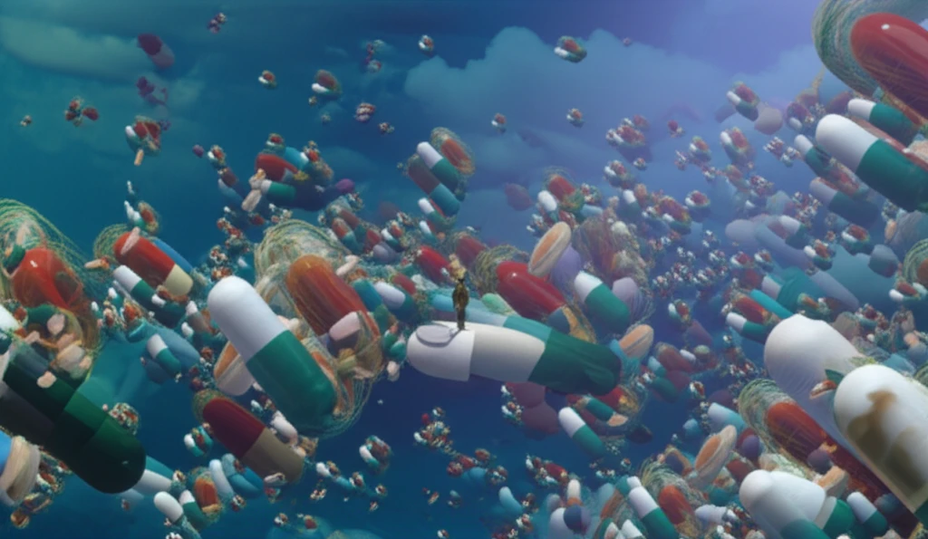 A person navigating a maze of pills, symbolizing the challenges of polypharmacy.