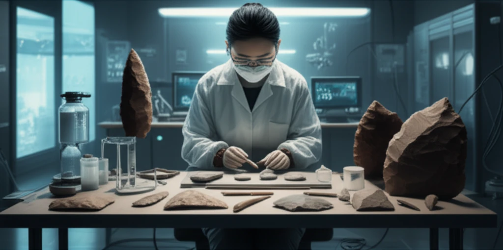 A modern archaeologist recreating ancient stone tools in a laboratory setting.