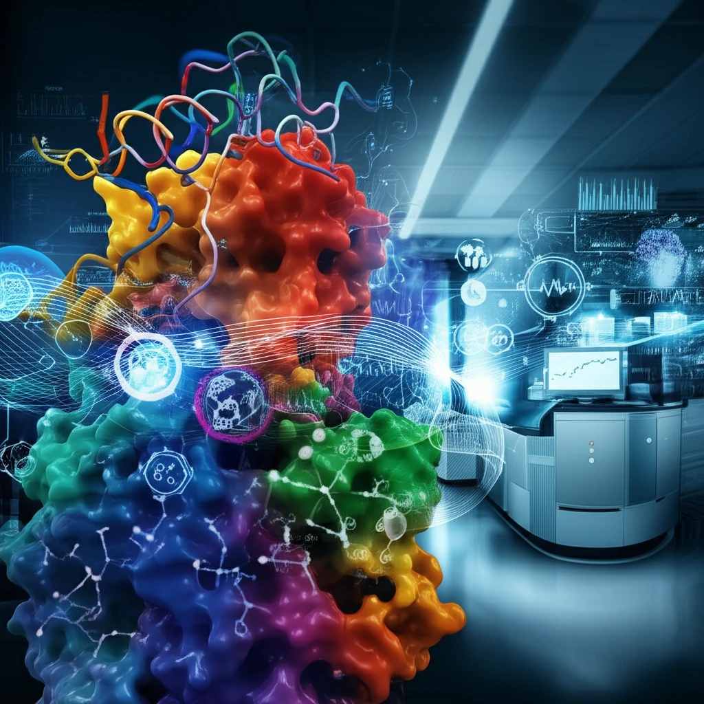 Surreal illustration of protein structures and data streams representing advanced proteomics analysis.
