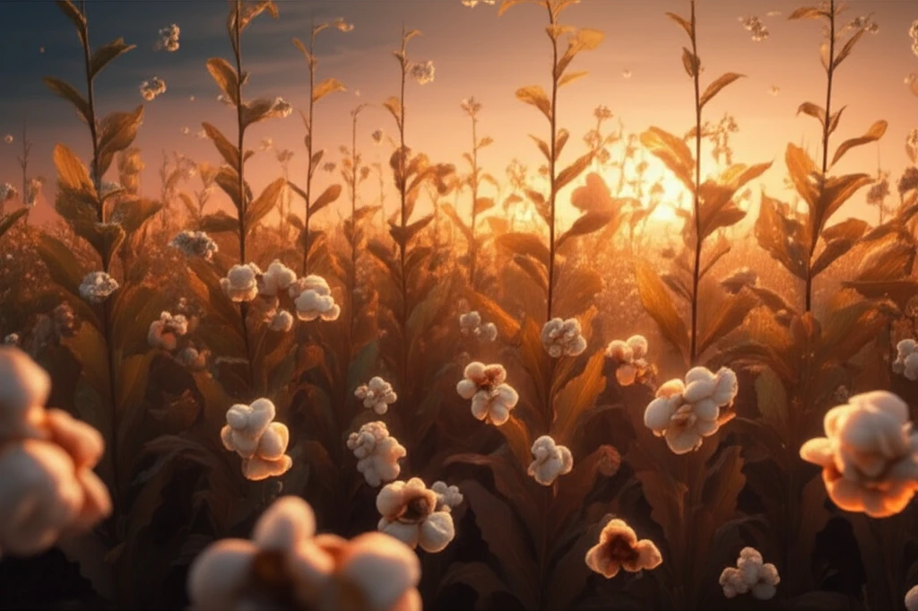 Golden popcorn field at sunset with floating kernels.