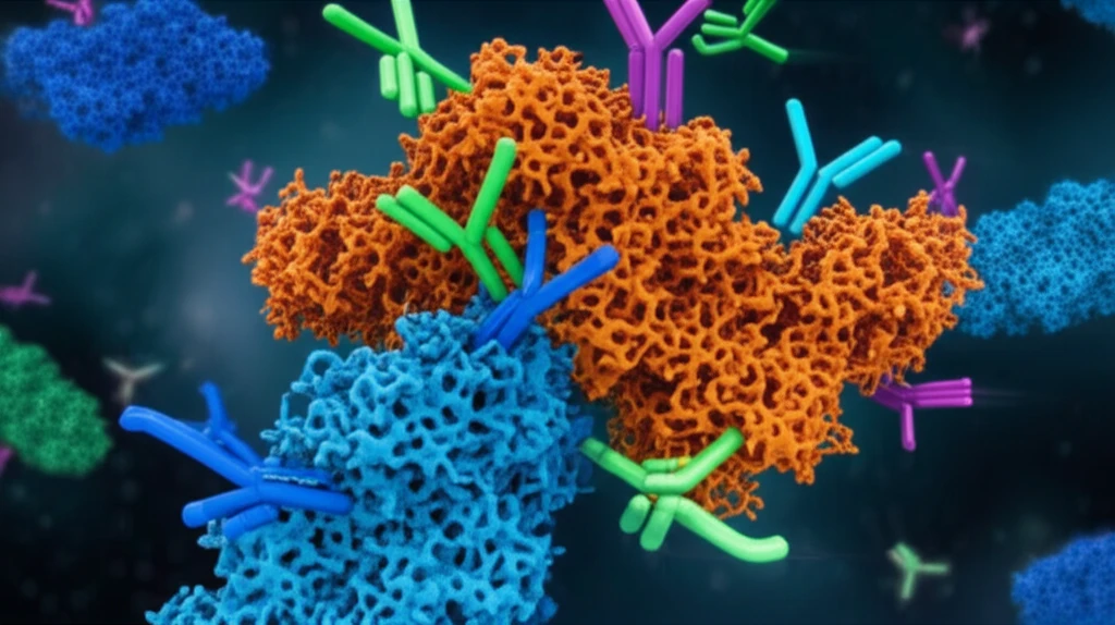 Microscopic view of Mycobacterium tuberculosis with a protein structure, symbolizing accurate TB diagnosis.