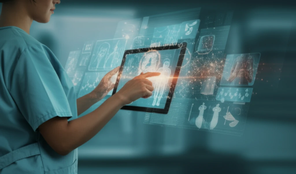 Nurse managing IBD virtual clinic with technology symbols