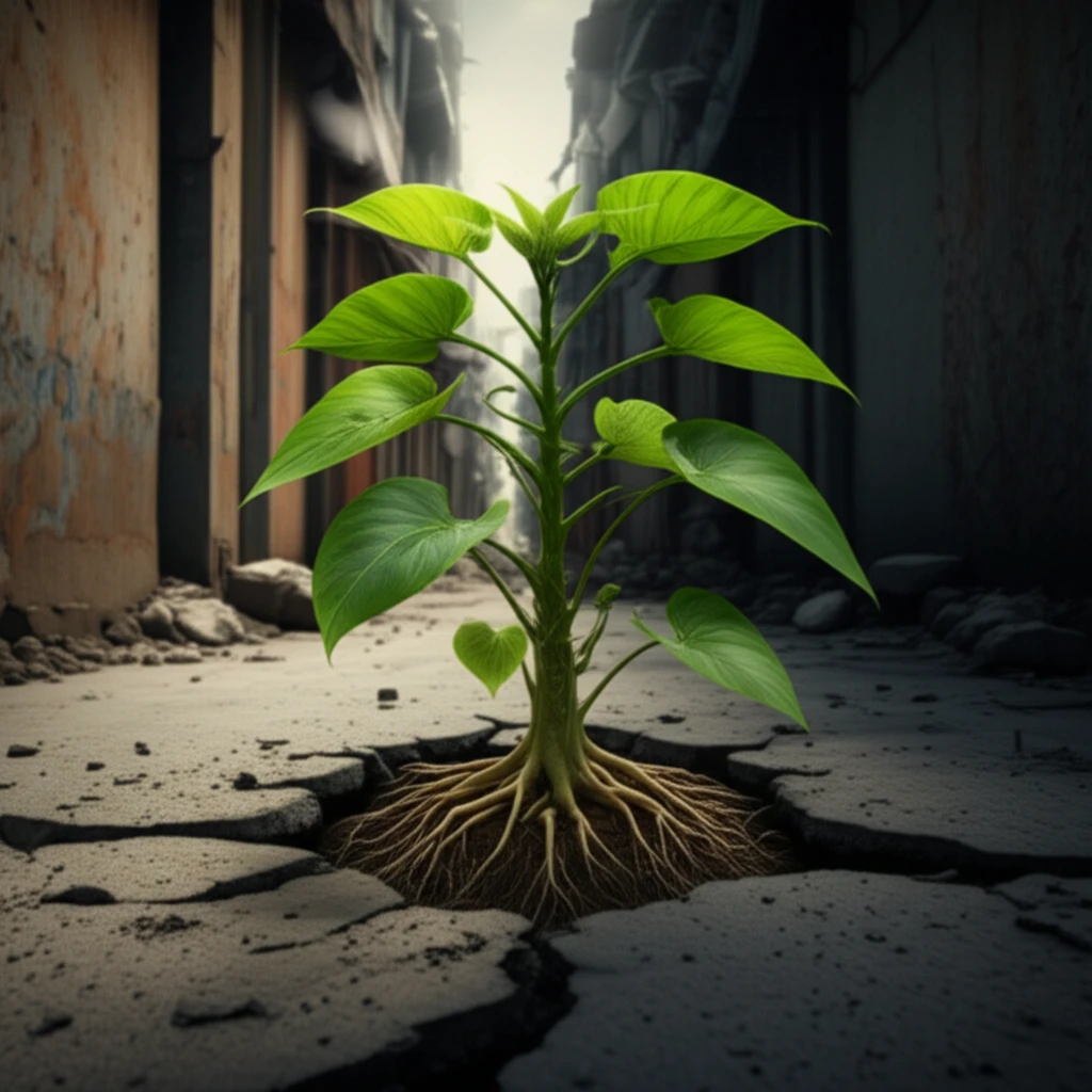 Resilient plant growing through cracked pavement, symbolizing hope and survival amidst adversity in a slum setting.