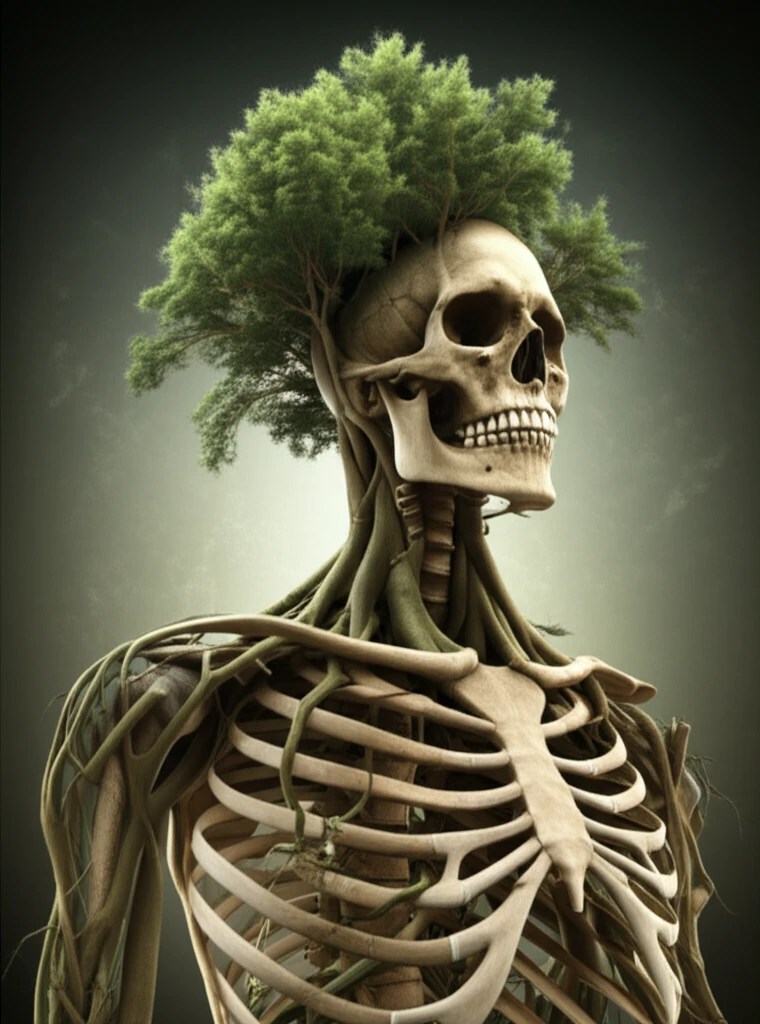 Surreal illustration of a tree growing inside a skeleton, symbolizing bone health.